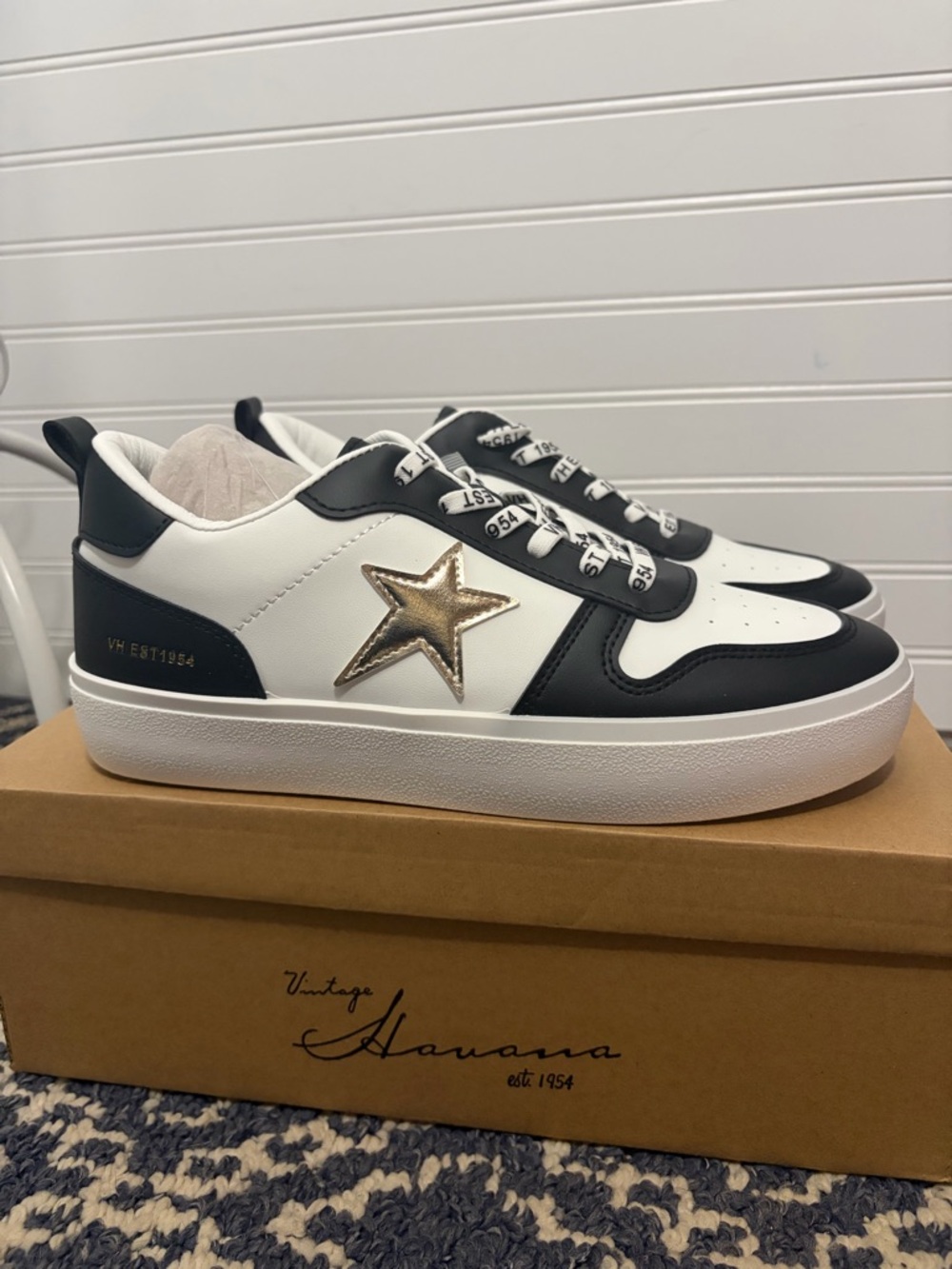 NWT- Vintage Havana White, Black and Gold Leather Sneakers